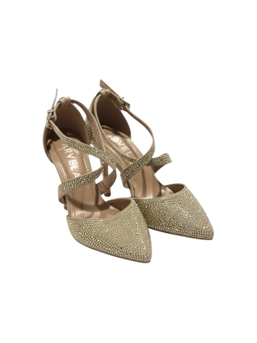 Carvela Kurt Geiger Kross Jewel Embellished Muted Gold Ankle Strap Heels 8